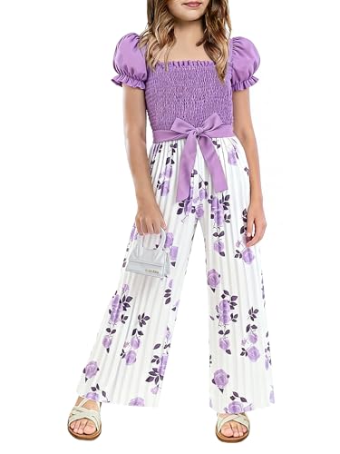 Image of Kislio Girls Jumpsuit Kids Fashion Puff Sleeve Belted Wide Leg Romper One Piece Outfits Floral Smocked Girls Clothes