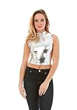 Red Hanger Women's Tank Top - Metallic Wet Look Mock Neck Turtleneck - Crop Top (Silver-L)