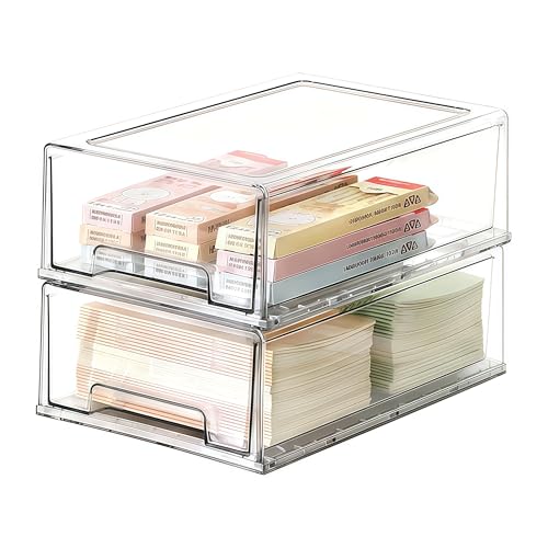 WoRefCra 2個セット 透明 卓上収納ボックス 引き出し付き 収納ケース 重ね置き 小物収納 文房具 整理ケース 机上収納 多機能 冷蔵庫収納 オーガナイザー 事務用品 家庭用 キッチン 浴室 クローゼット（21*32*11cm）