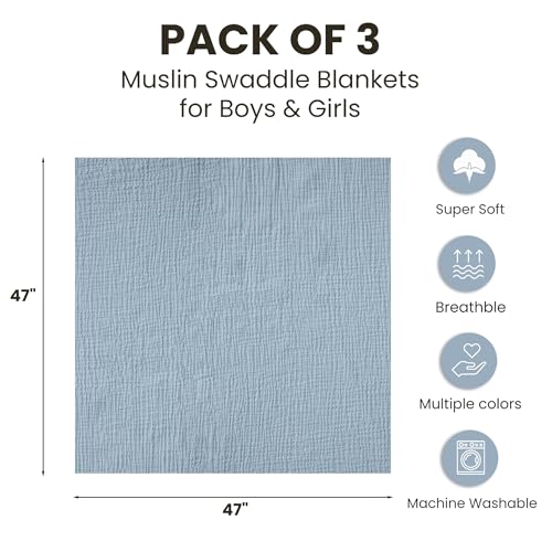 Konssy 3 Pack Muslin Swaddle Blankets for Unisex, Newborn Receiving Blanket, Large 47 x 47 inches, Soft Breathable Muslin Baby Swaddles for Boys & Girls