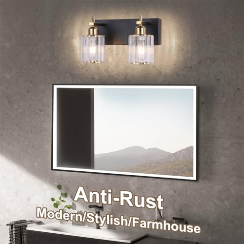 Image of Black and Gold Bathroom Vanity Lights, 2-Light Crystal Bathroom Light Fixtures Over Mirror, 14 Inch Modern Farmhouse Vanity Light, Brass Gold Wall Sconces for Bath Mirror Kitchen Hallway Cabinet