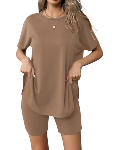 Image of Ekouaer Women's 2 Piece Lounge Set 2026 Summer Biker Shorts Set Outfits Short Sleeve Oversized Top Matching Tracksuit