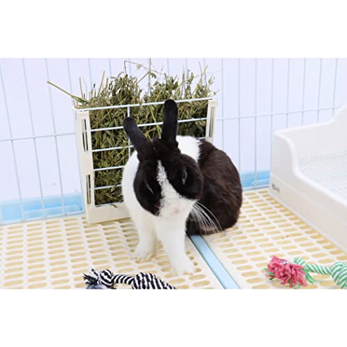 RUBYHOME Hay Feeder for Rabbits, Guinea Pigs, and Chinchillas - Minimize Waste and Mess with 9 1/4\" x 3 3/4\" x 8\" Hanging Alfalfa and Timothy Hay Dispenser (White)