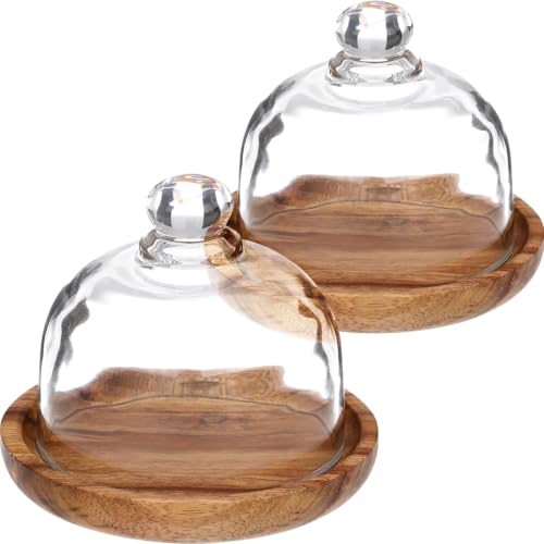 Yardwe 2 Sets Glass Dome with Wooden Base Mini Cake Stand Glass Display Dome Cloche Clear Glass Bell Jar Cover for Dessert Cheese Candy Plants Succulents