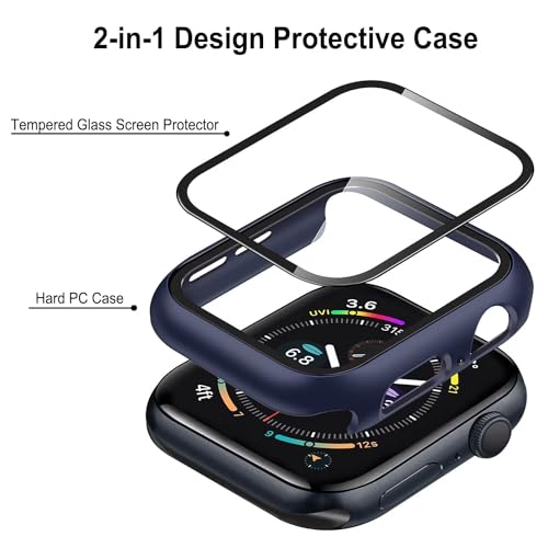 Image of VEMIGON Hard PC Case Compatible with Apple Watch SE3 /SE2 /SE /Series 6 /5 /4 44mm with Tempered Glass Screen Protector, Overall Protection Slim Bumper Cover for iWatch - (44mm Dark Blue)