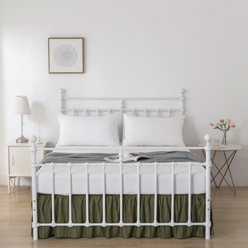 Bed Skirt King Size Ruffled Bed Skirt with Split Corners, 18 Inch Drop Dust Ruffle Bed Skirts with Platform, Tufted Boho King Size Bed Skirting, Striped, Green, 18" King