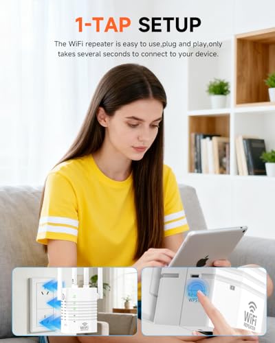 Image of WiFi Extender 1.2Gbps Dual Band 5GHz /2.4GHz, 12,880 Sq.ft Coverage, 4 Antennas 360 Coverage, 1 Ethernet Port, Supports 105 Devices & Easy Setup