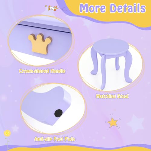 Image of KOTEK Kids Vanity with Lights, Crown Girls Vanity Set w /Tri-Folding Mirror, Detachable Top, Stool & Drawer, Wooden Toddler Makeup Dressing Table, Kids Vanity Table and Chair Set (Violet)