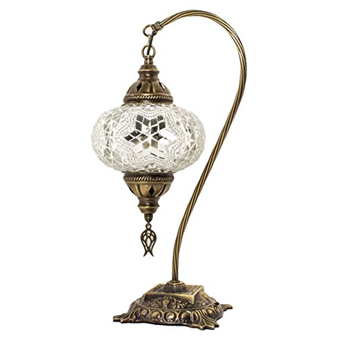 TK Bazaar Handmade Turkish Mosaic Table Lamp - Moroccan Large Lantern, Bronze Base, Unique Swan Neck Series N3 for Room Decoration (AMTHYST)