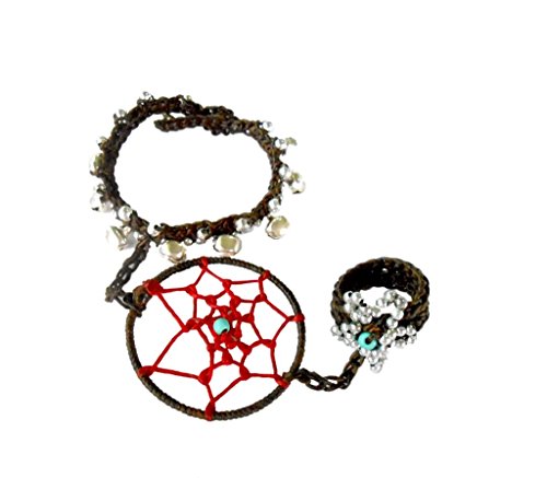 Khum Wieng Kham Women's Dreamcatcher Bracelet Pendent Dark Brown Wax Thread Boho Hippie Style Red