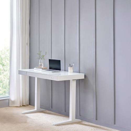 Image of Home Centre | Trooper Tempered Glass Top Smart Study Desk | Study Table for Home Office | Metal | White | 1 Year Warranty