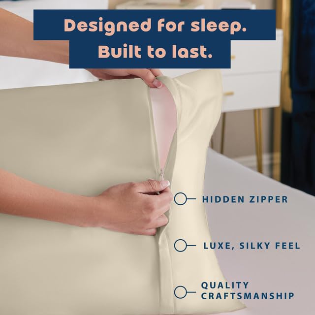 Image of BLISSFORD Satin Pillowcase with Zipper, for Hair and Skin Care, Feels Soft and Cool Like a Silk Pillowcase, Satin Pillow Cases 2 Pack, Slik Pillow Cover, Champagne, King, Set of 2