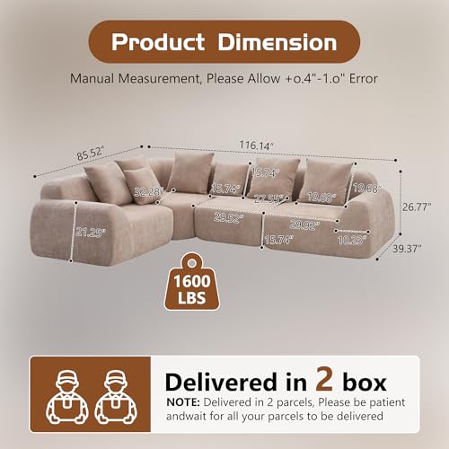 Image of KEIKI 118 inch Oversized Cloud Sectional Couches for Living Room, Velvet Curved Sectional Boneless L-Shape Chaise Sofa with Compression Memory Foam, No Assembly Modular Sofa for Family Space, Beige