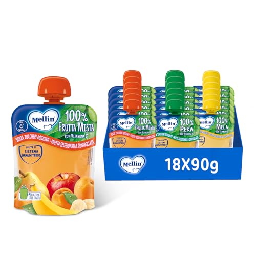 Mellin, Pouch Merenda 100% Frutta con Vitamina C - Mix Gusti - 18 Confezioni da 90 gr