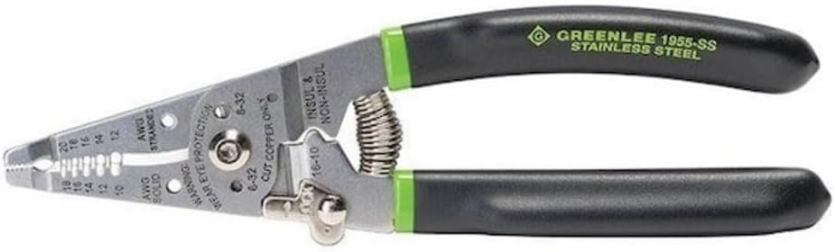 Greenlee 1955-SS Stainless Steel Wire Stripper for 10-18 AWG Solid and 12-20 AWG Stranded, Heavy-Duty Stripper, Cutter, and Crimper Tool