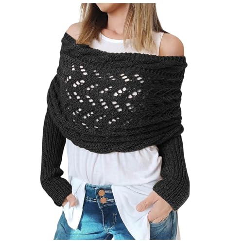 Gestrickter Schal Mit Zwei Ärmeln Für Damen, Handgestrickter Schal Mit Ärmeln Für Damen, Baumwollschal Mit Zwei Ärmeln In Übergröße Dreieckstuch Schwarz Pullover...