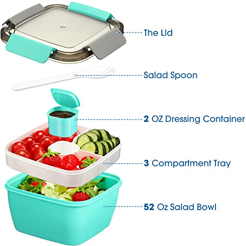 Hotop 4 Pack Salad Lunch Containers 52 Oz Bowls With Compartments Tray And Dressings Container Bento Box For Adults Food Fruit Snack, Leak Proof, Pink, Green And Blue #TOP3
