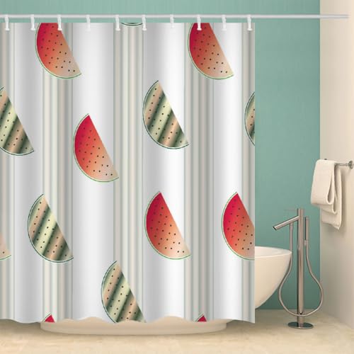 MOXINO Wassermelone Duschvorhang Anti-Schimmel 120x180 cm Polyester Stoff Textil Waschbar Wasserdicht Badvorhang 3D Wassermelone Motiv Duschvorhänge Badezimmer mit 12 Haken（Stil 124-6）
