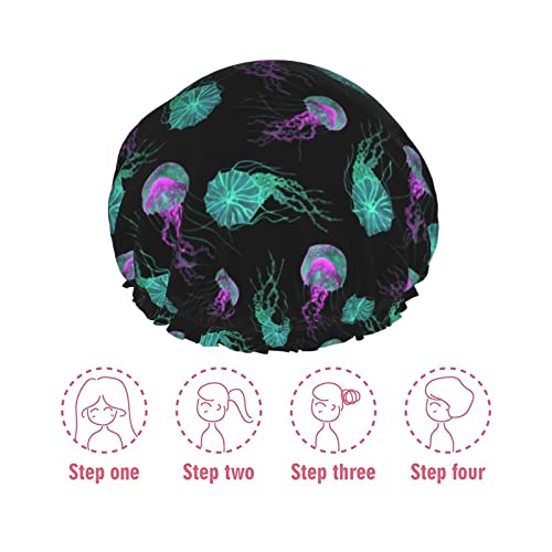 Shower Cap Jellyfish Glow In Dark Shower Caps For Women Reusable Double Waterproof Bathing Shower Hat Hair Protection Shower Hat #TOP6