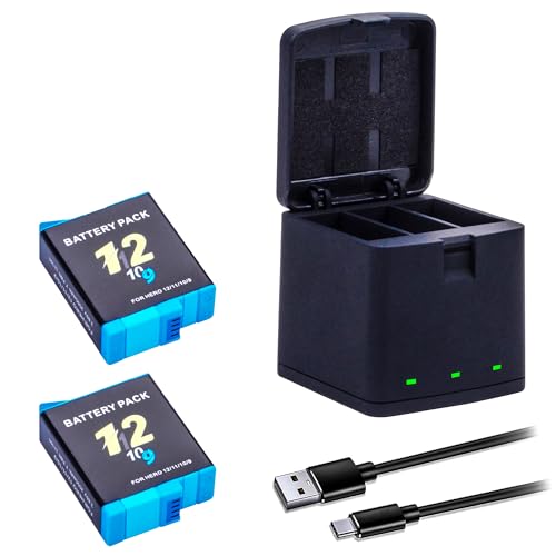 2-Pack Hero 12 11 10 9 Batteries Type-C 3 Channel Battery Charging Station Power Fast Portable Accessory Compatible with Hero 12, Hero 11, Hero 10, Hero 9 Black Sport Action Camera