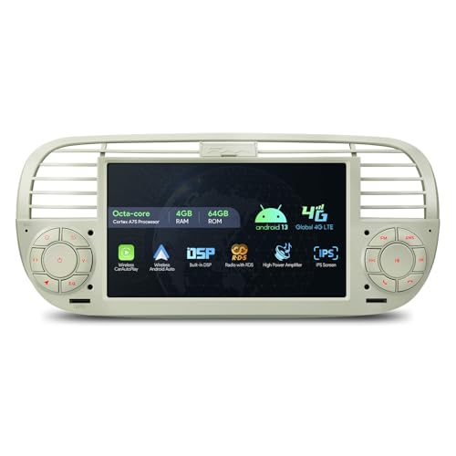 XTRONS Single Din Car Stereo for Fiat 500, Android 13 Octa Core 4GB RAM 64GB ROM Car Radio Player, 7 Inch IPS Touch Screen GPS Navigation for Car Head Unit DSP Car Play Android Auto 4G LTE (Cream)