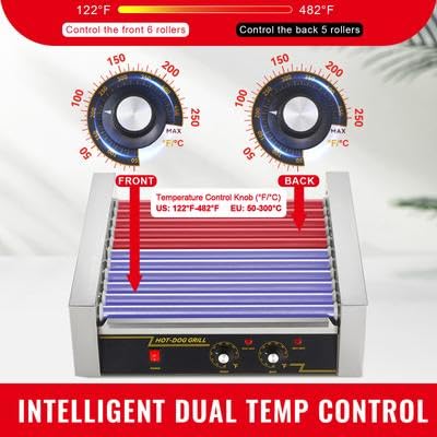 Happybuy Hot Dog Roller, 11 Rollers for 30 Hot Dogs, 1650W Stainless Sausage Grill with Dual Temp Control & Acrylic Cover
