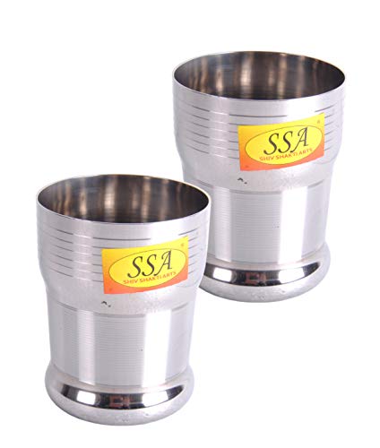 SHIV SHAKTI ARTS Rounded Curved Stainless Steel Silver Touch Design Glass, 300 ML Set of 2, Water Milk Tea Lassi Glass, Tumbler
