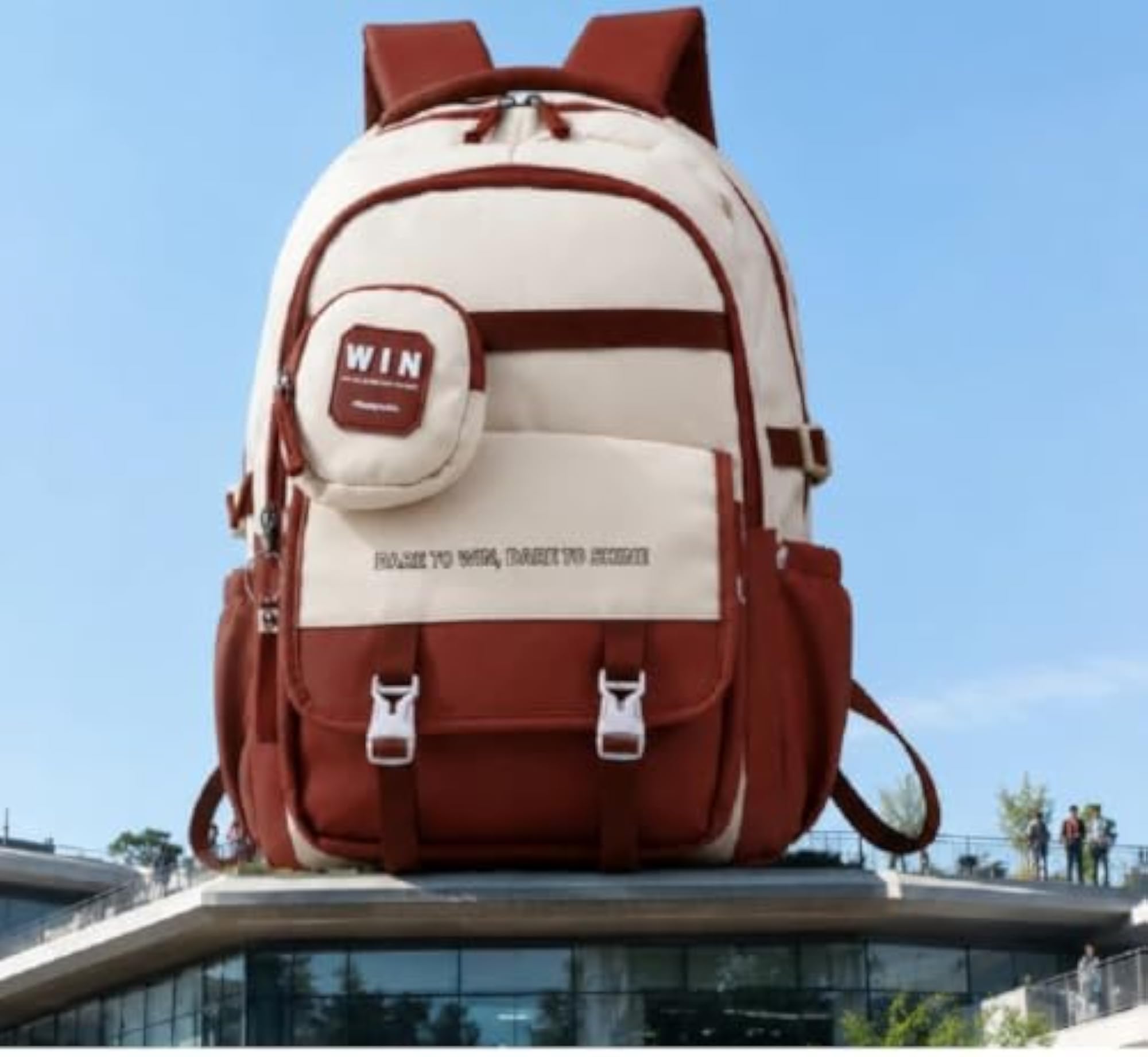 Casual Backpack with Mini Pouch, Brown and Beige