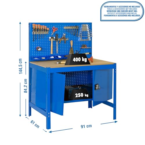 Simon Rack Banco de Trabajo Taller, Capacidad Carga 400 kg, 1445x910x610 mm, Mesa de Trabajo, Guarda Herramientas, Azul/Madera - BT2
