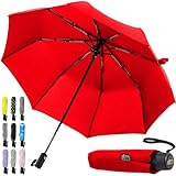 GORILLA GRIP Windproof Compact Stick Umbrella for Rain, One-Click Automatic Open and Close, Strong Reinforced Fiberglass Ribs, Easily Collapsible, Lightweight Portable Umbrellas for Travel, Red