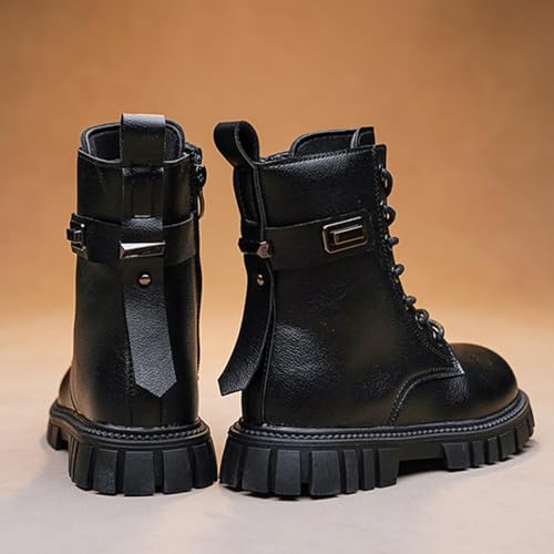 Lace Up Ankle Boots For Girls Leather Combat Riding Boots Side Zipper Punk Goth Lug Sole Ankle Booties With Metal Buckle Decor For Dressy Birthday Daily Causal 4-11 Years4