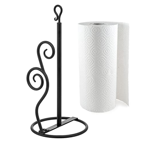 MyGift Rustic Burnt Solid Wood and Industrial Matte Black Metal Dining Combination Caddy with Paper Towel Roll Dispenser Stand, Napkin Holder, and Spice Rack (Matte Black Metal)
