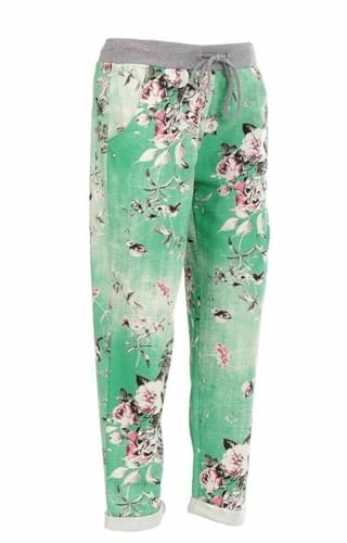 Image of Candid Styles Womens Italian Denim Joggers Sweatpants Plain Floral Star Elasticated Waist Gym Running Yoga Pants Jogging Turn Up Trousers 8-22(Green with Flowers, UK 8-10)