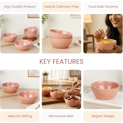 Image of The Earth Store Peach Embossed Ceramic Bowl Set of 4 - 500ML Each | Ceramic Mixing Bowls for Snacks, More | Rice, Dal, Fruits, Salad | Microwave Safe Bowl Set | Perfect for Gifting & Daily Use