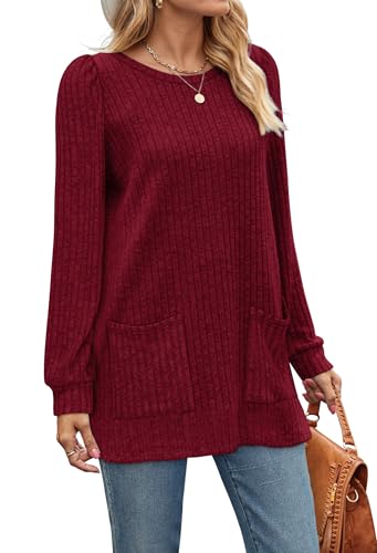 Image of OFEEFAN Long Sleeve Shirts for Women Long Sweaters with Pockets Tunic Tops Loose Fit