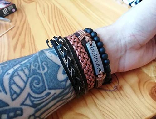 KIT COM 4 PULSEIRAS MASCULINA BELIEVE COURO TRANÇADO AJUSTÁVEL P7157