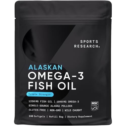 Sports Research Triple Strength Omega 3 Fish Oil - Burpless Fish Oil Supplement w/EPA & DHA Fatty Acids from Wild Alaskan Pollock - Heart, Brain & Immune Support for Men & Women - 1250 mg, 240 ct