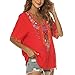 Grosy Plus Size Mexican Embroidered Peasant Blouse, Loose Fit Bohemian Short Sleeve Top for Women, Summer Vacation T-Shirt