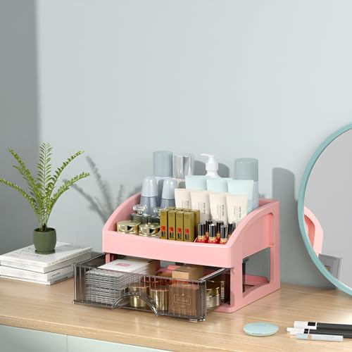 Image of HoopVool Desk Makeup Organizer, Pink, 1-Layer, Plastic Storage Box with Sliding Drawer, Stylish Display Case for Cosmetics, Lotion, Nail Polish, Brushes, and Jewelry