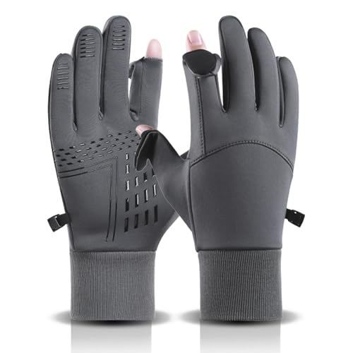 Fjquamitix Winter Gloves Windproof Waterproof - 2-in-1 Fingerless/Mittens Convertible, Thermal Touchscreen Gloves for Cycling Running Driving Fishing, Unisex Cold Weather Gear (Grey, L)