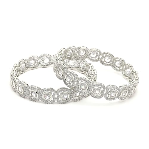 Image of ZENEME Rhodium Plated Silver Toned White American Diamond Studded Bangles Set Of 2 For Women & Girls