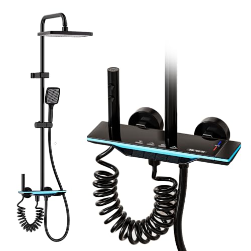 HAOMIAO Dusch-Set Dusche mit 4 Strahlarten pianotastenartige Bedienung höhenverstellbares schwarze Dusch-Säule mit Regenbrause und Handbrause Ambientebeleuchtung Ablagefunktion