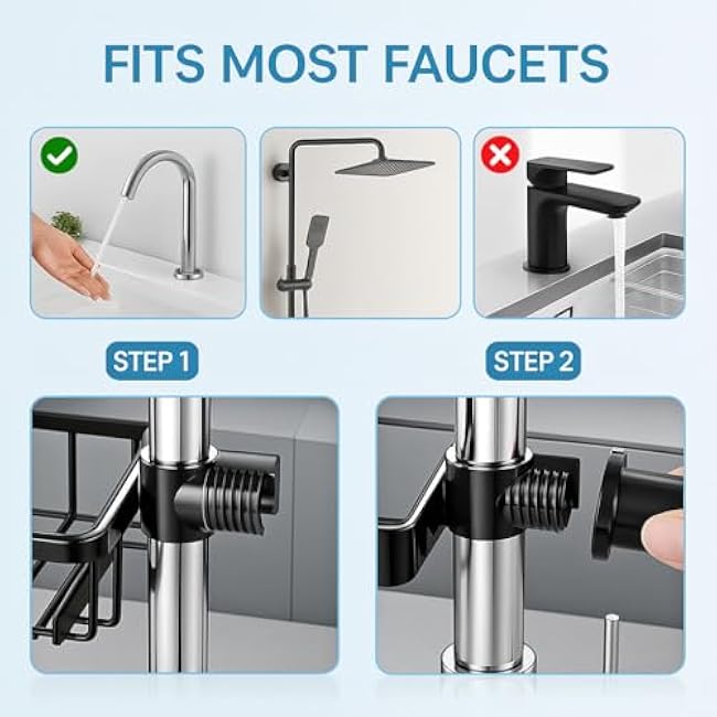 Kitchen Sink Caddy Organizer,Equipped with A Drainage Tray Sponge Holder,Faucet Organizer Rack for Bathroom,Adjustable with Hooks, Suitable for Kitchen and Bathroom, Left Side