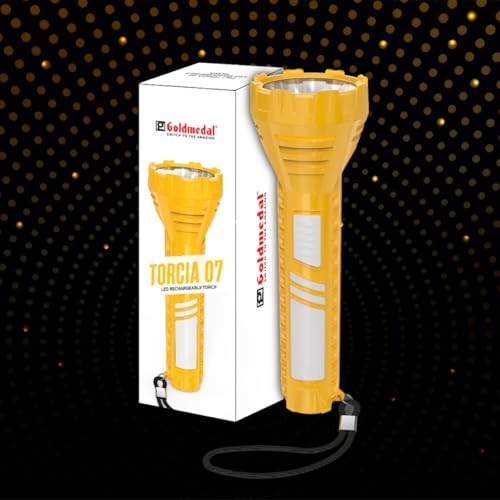 Goldmedal Torcia 07 LED Rechargeable Torch Light | Powerful 1W Front Light & 2W Side Light |1200mAh Li-Ion Battery | Upto 4 Hours Battery Backup | Micro USB Charging | Torch for Camping & Hiking