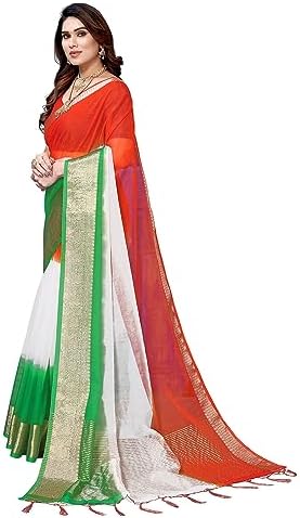SIRIL Women's Organza Jacquard Zari Stripe Independence Day Tricolor Tiranga Saree With Unstitched Blouse Piece