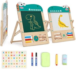 Mini Easel Kids Wooden Art Easel Foldable Desktop Drawing Board Double-Sided Whiteboard & Chalkboard Wooden Art Easel Standing Easel for Boys Girls 3 4 5 6 7 8 Years (Dinosaur)