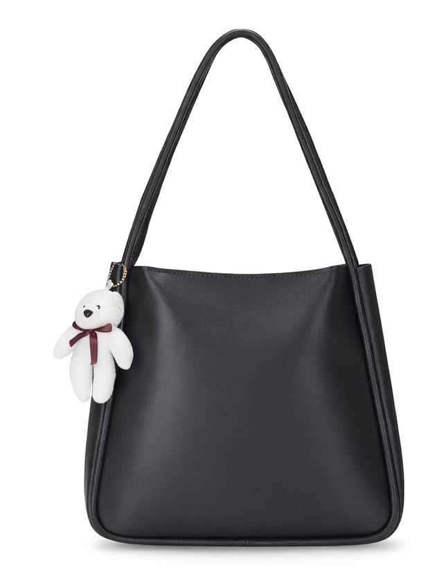 Image of SIJJEEL Women's Handbag Synthetic Leather Shoulder Bag with Bear Charm Tote One Size Women's Shoulder Bag Faux Leather Tote