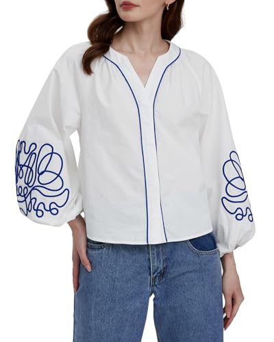 Kedera Women's Casual Floral Embroidered V Neck Blouses Boho Long Balloon Sleeve Mexican Shirts Loose Summer Fall Tops 2025