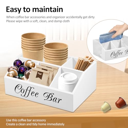 Sutowe Coffee Station Organizer 5 Compartments Tea Chest Box Coffee Bar Accessories Caddy Wood Vintage Coffee Pods Holder Coffee Condiment Tray for Countertop Sugar Packet Sweeteners(white) - Image 6