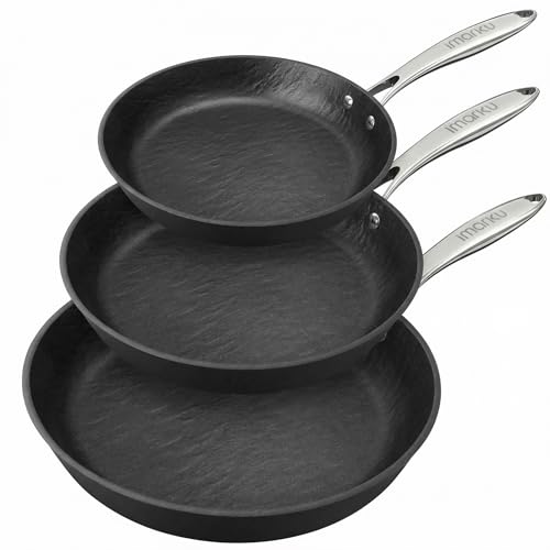 Image of imarku 3 Pcs Non Stick Frying Pans Set - 8&10&12 inch with Cool Stainless Steel Handle, Disherwasher Safe, Oven Safe, Suitable for Professional Chefs Or Beginners